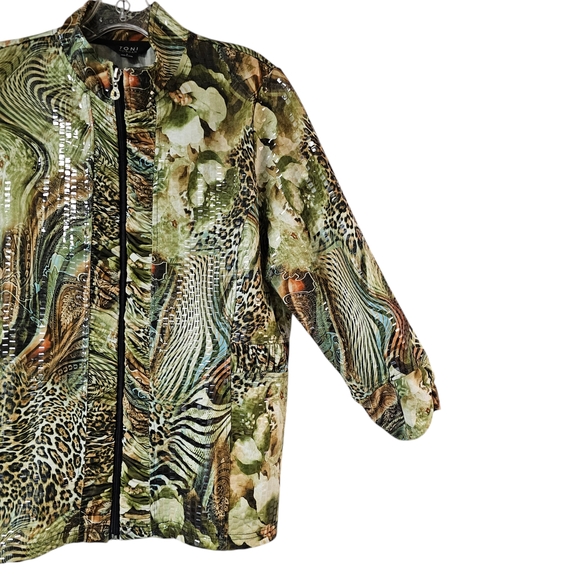 Toni Morgan Jacket Women's L Short Full Zip Floral Animal Print Clear Sequins - Picture 5 of 8